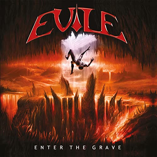 Album cover for Evile’s “Enter The Grave” depicting a falling figure in hellscape.