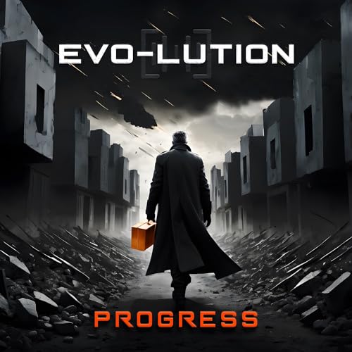 CD cover: man with briefcase in a ruined cityscape, titled "Evo-lution - Progress".