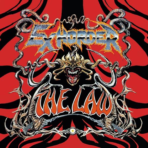 Exhorder The Law album cover featuring a demonic face against a red and black background.