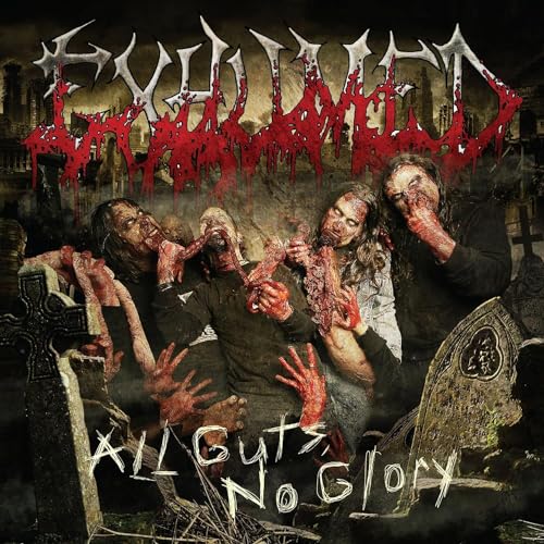 Album cover: "Exhumed" with gory zombie figures in a graveyard.