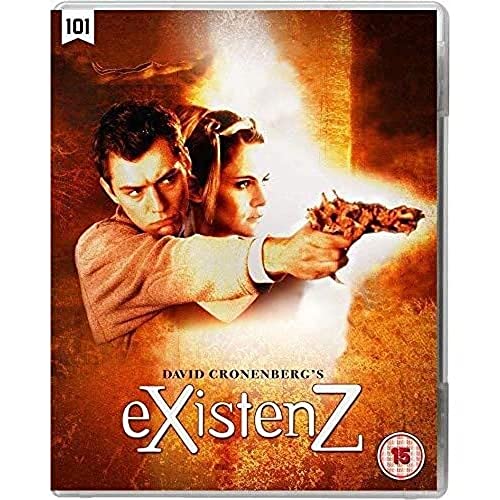 Blu-ray cover for "Existenz" featuring two people with a bio-port.