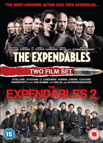 DVD cover featuring ensemble casts of The Expendables 1 and 2 action movies.