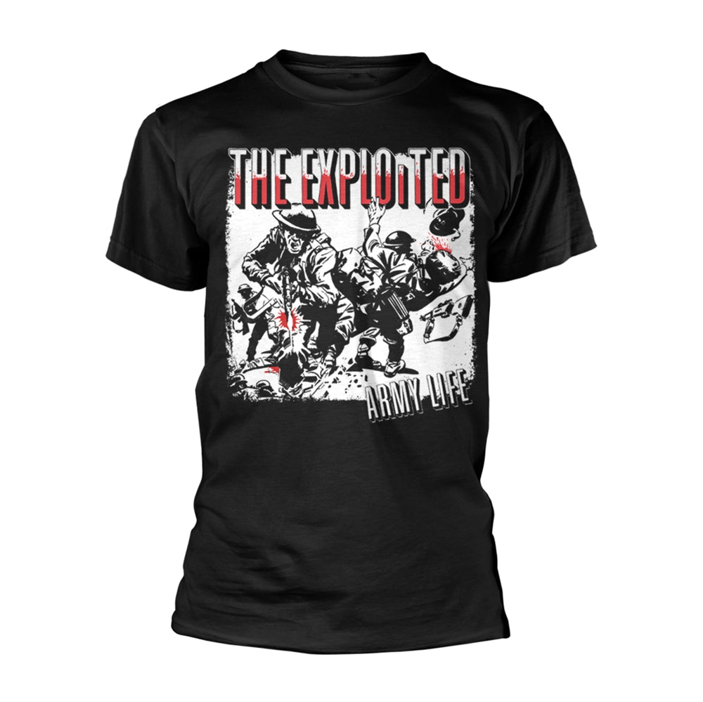 Black t-shirt with graphic of soldiers and band name "The Exploited".