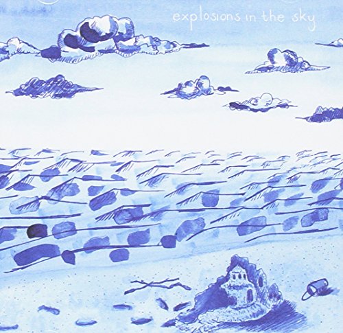 Blue watercolor illustration of clouds, waves, a house, and debris.