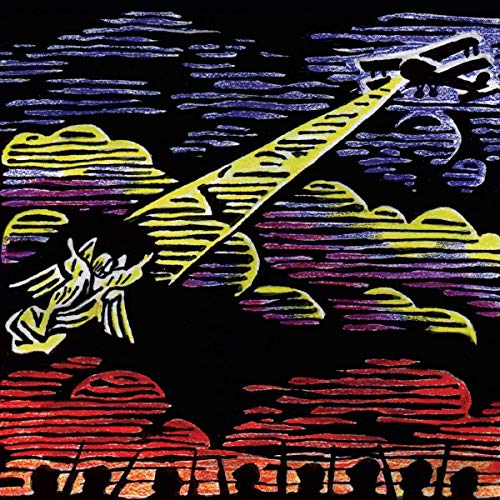 Stylized print of an angel reaching toward a biplane in a dark, colorful sky.
