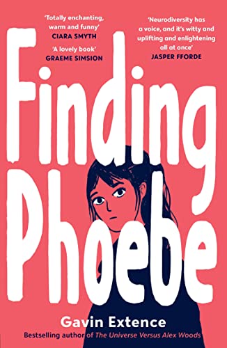 Book cover with large white text Finding Phoebe over a pink background and girl.