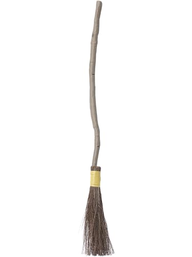 Tall, curved broomstick with a straw brush head and yellow binding.