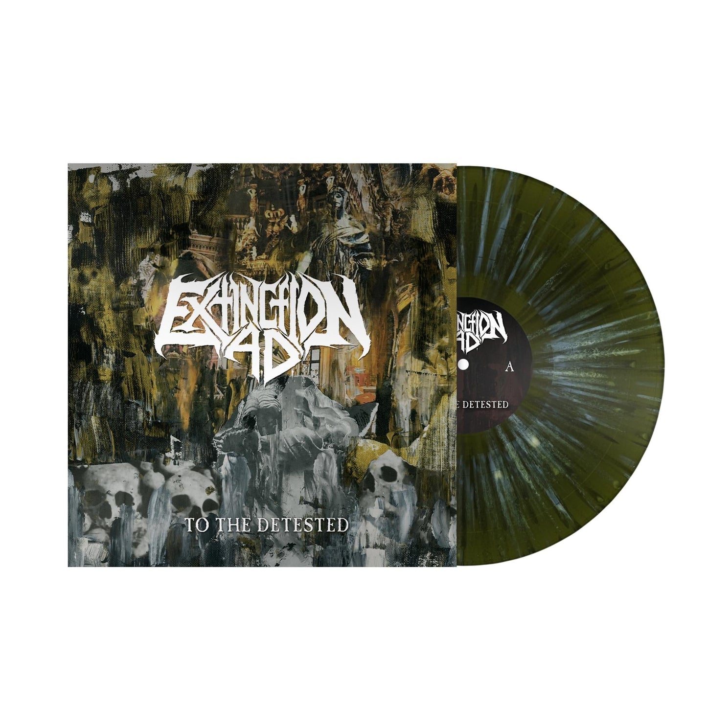 Extinction A.D. vinyl record with dark green and grey splattered disc and album cover.