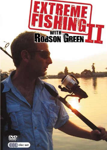 Robson Green holding a fishing rod at sunset on the Extreme Fishing 2 DVD cover.
