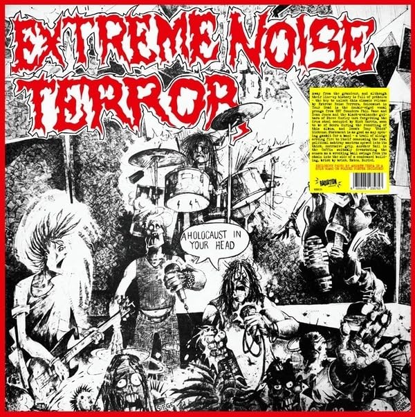 Black and white album cover for Extreme Noise Terror, featuring chaotic figures.