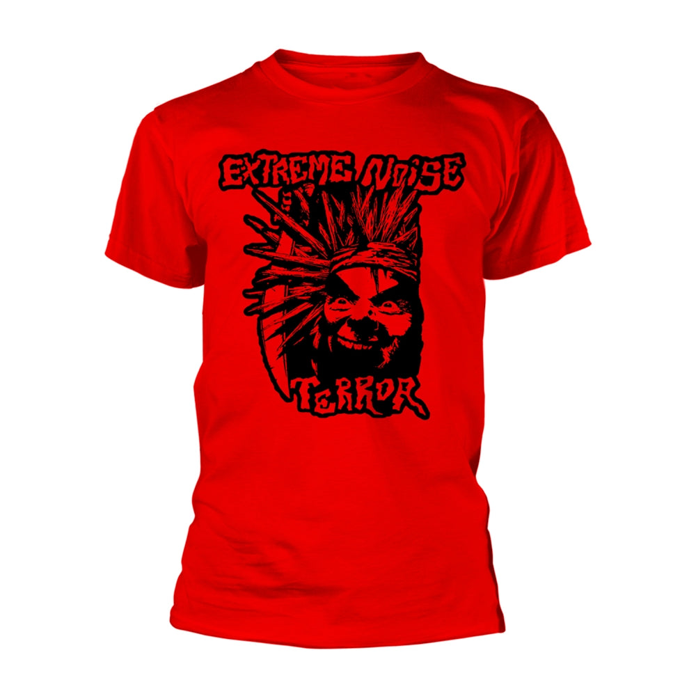 Red t-shirt with black graphic of a demonic face and text.