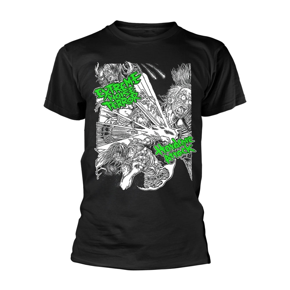 Black t-shirt with white and green graphic of a monstrous figure.