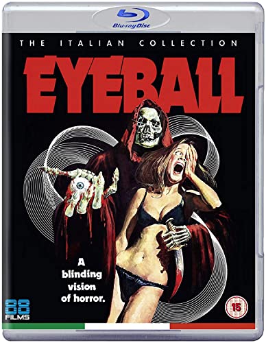 Blu-ray cover art featuring a hooded skeleton holding a bloody eyeball behind a woman.