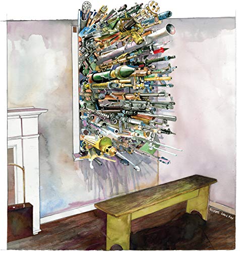 Watercolor painting of a wall-mounted sculpture made of various guns above a wooden bench.