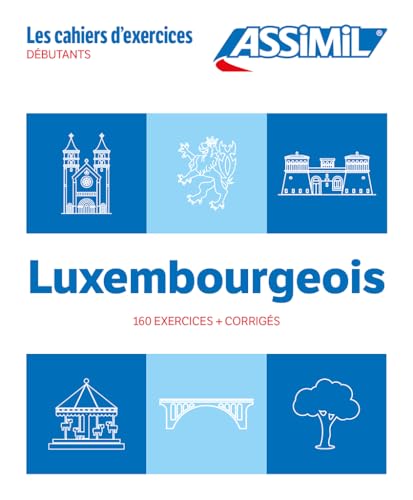 Luxembourgish beginner exercise book cover with white icons on blue squares.