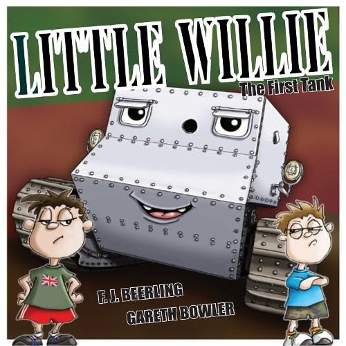 Cartoon illustration of “Little Willie” tank with two boys looking concerned.