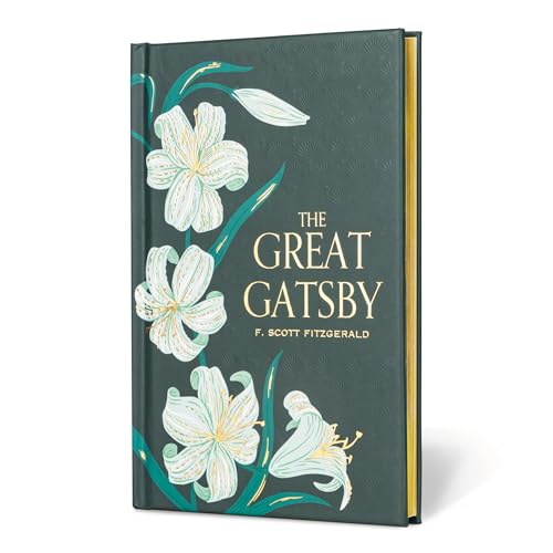 Green book cover with white lilies and gold title: "The Great Gatsby".