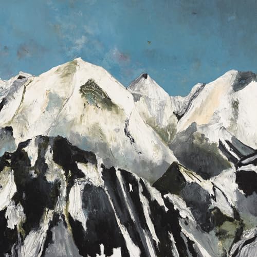 Painted mountain peaks with white snow and dark, textured shadows.