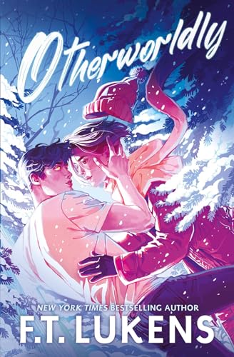 Two people embrace in a snowy forest under a blue and purple night sky.
