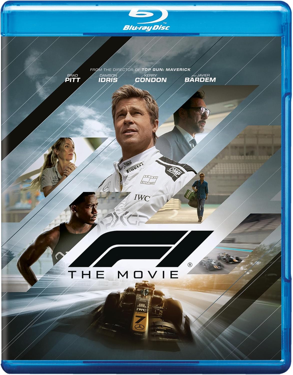 Blu-ray cover for "F1 The Movie" featuring racing scenes and Brad Pitt.