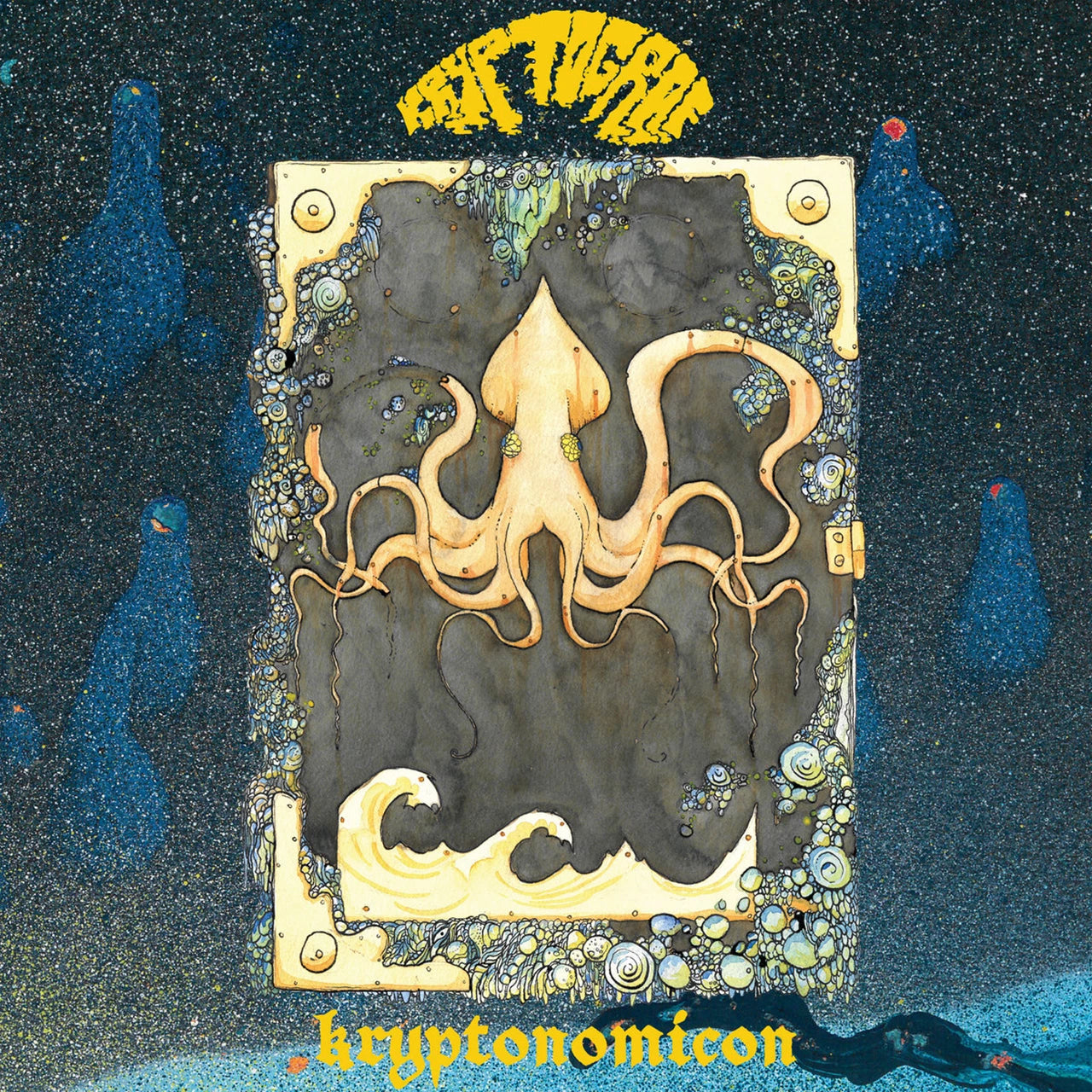 Yellow vinyl record cover featuring an octopus and waves, ornate frame.