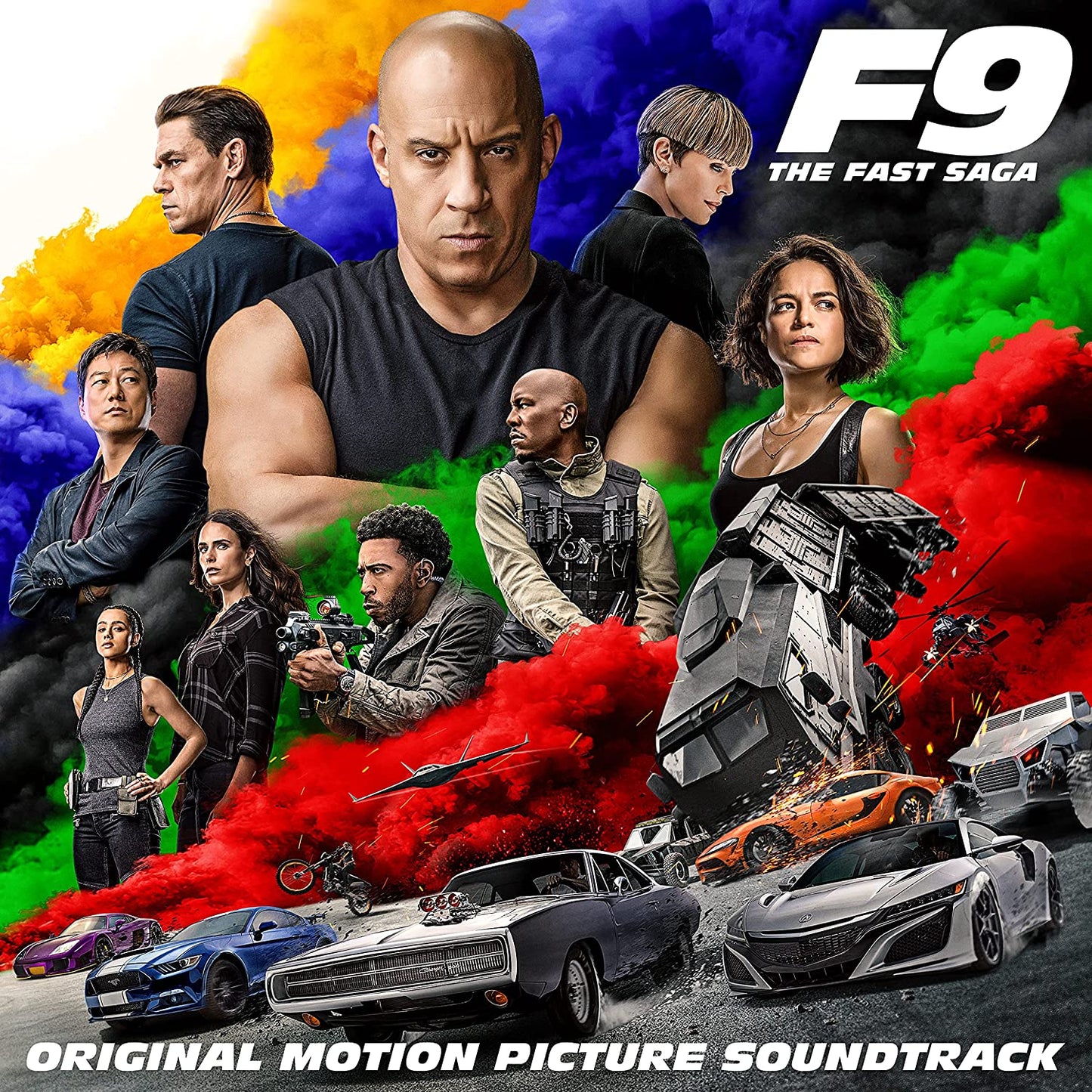 "Soundtrack cover for 'F9: The Fast Saga' featuring actors and cars amidst colored smoke."