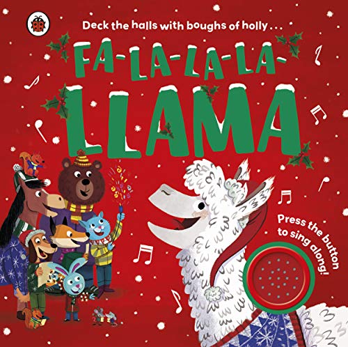 Red book cover with a singing llama and festive animal choir.