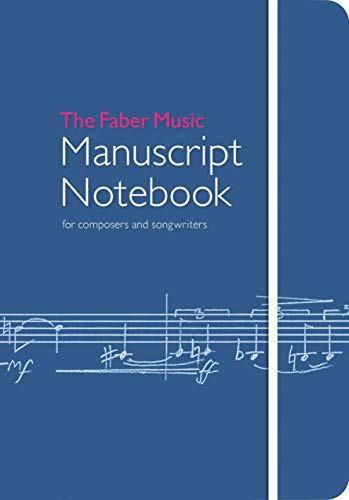 Blue music manuscript notebook with white text and musical notation.