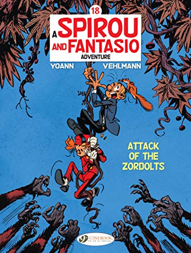 Comic book cover: Spirou and Fantasio fighting creatures among branches.