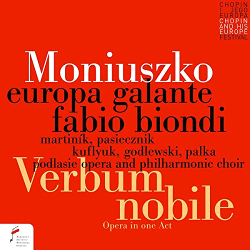 CD cover for Moniuszko’s “Verbum Nobile” opera, red background with text.