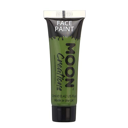 A 12ml tube of green Moon Creations face and body paint on white background.