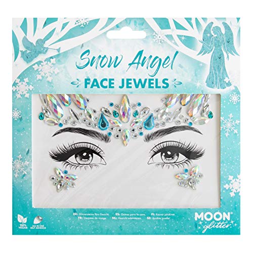 Snow Angel face jewels featuring blue and iridescent crystals on a snowflake-themed display card.