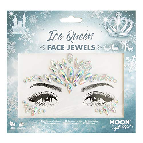 Iridescent face jewels arranged in a crown shape on a winter-themed product backing card.