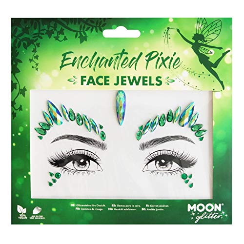 Green Enchanted Pixie face jewel stickers on a backing card with illustrated eyes.