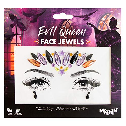 Evil Queen face jewels featuring purple, black, and orange crystals on a backing card.