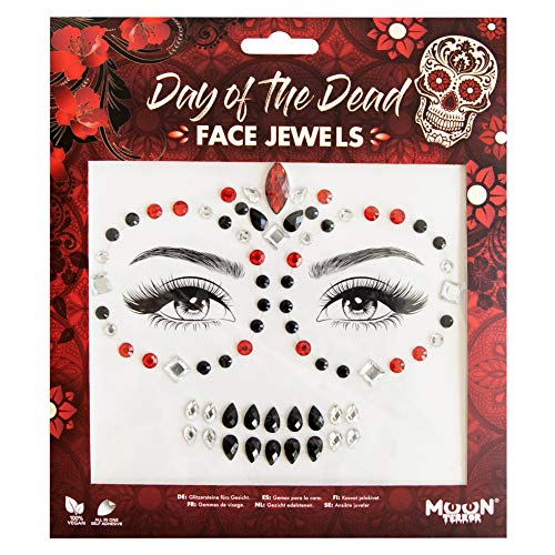 Day of the Dead themed face jewels with red, black, and clear adhesive crystals.