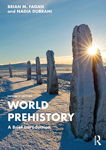 Book cover: "World Prehistory" with standing stones silhouetted against the sun.