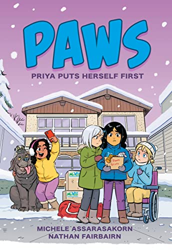 Book cover: four children and a dog in a snowy suburban scene.