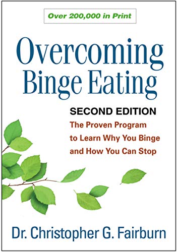 Book cover for Overcoming Binge Eating by Dr. Christopher G. Fairburn with green leaf illustrations.