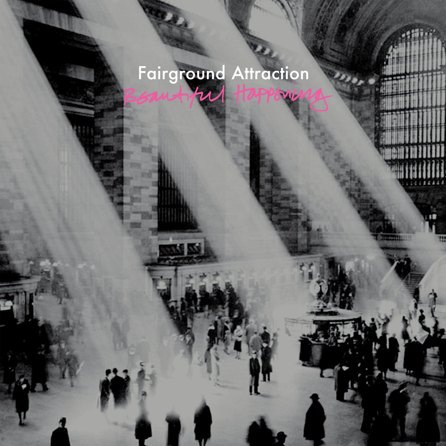 Black and white photo of Grand Central Terminal with light beams and album text.