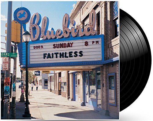 Vintage theater marquee reading "Faithless - Sunday 8PM" and vinyl record.