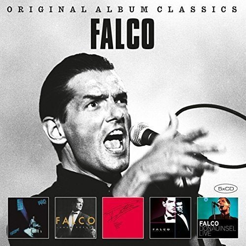 Black and white CD cover featuring singer Falco at a microphone.