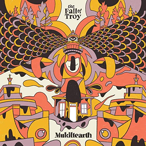The image shows a vinyl record cover. Alt text: "Abstract album cover with colorful illustration and 'The Fall of Troy' text."