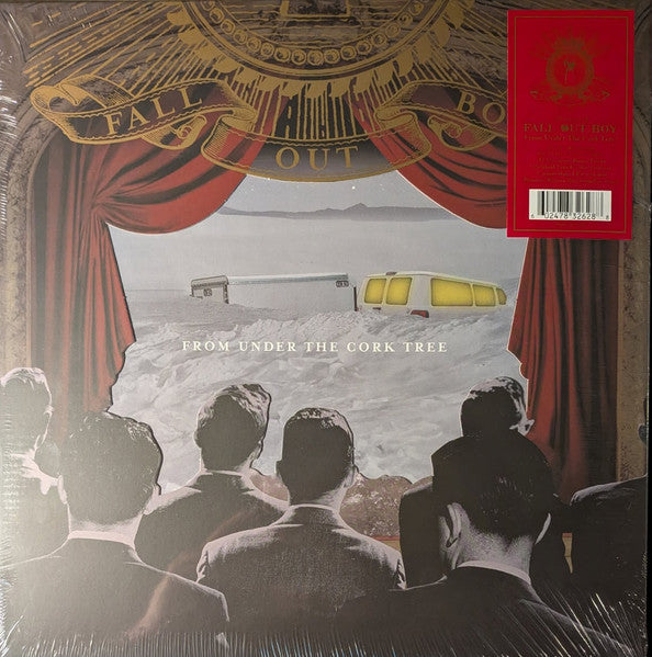 Fall Out Boy album cover: stage curtains, beach scene, and seated figures.
