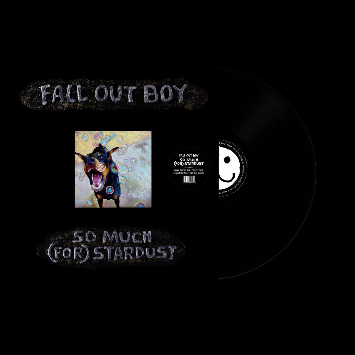 "Black vinyl record with 'Fall Out Boy - So Much (For) Stardust' artwork and label."
