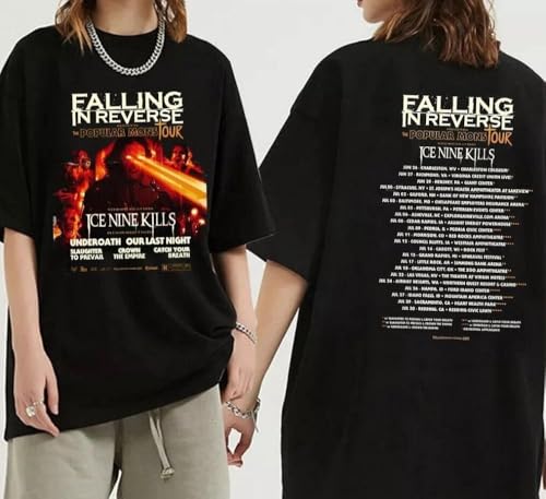 Black t-shirt with "Falling In Reverse" tour graphics, front and back.