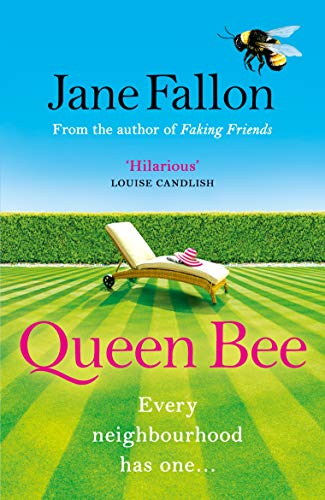 Book cover: "Queen Bee" with a bee, lounge chair, and green lawn.