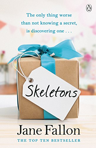 Book cover for “Skeletons” with a gift box and blue ribbon.
