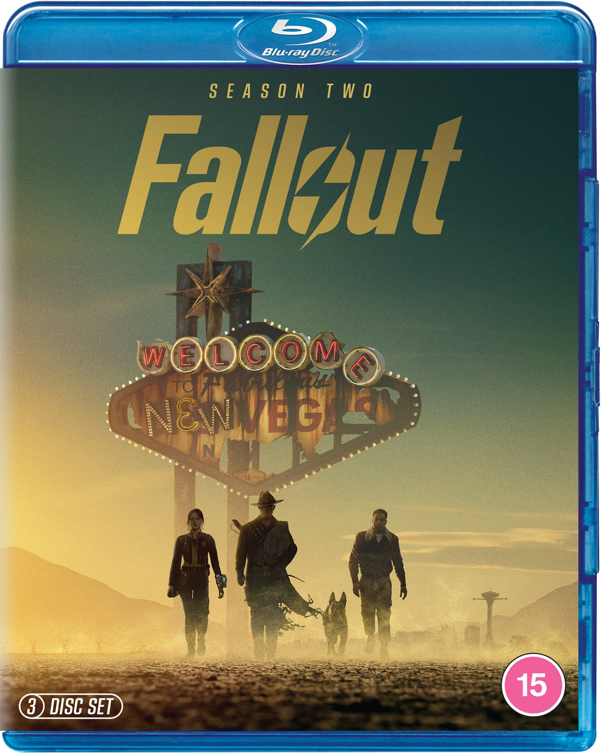 Fallout: Season Two" Blu-ray cover with New Vegas welcome sign and characters.
