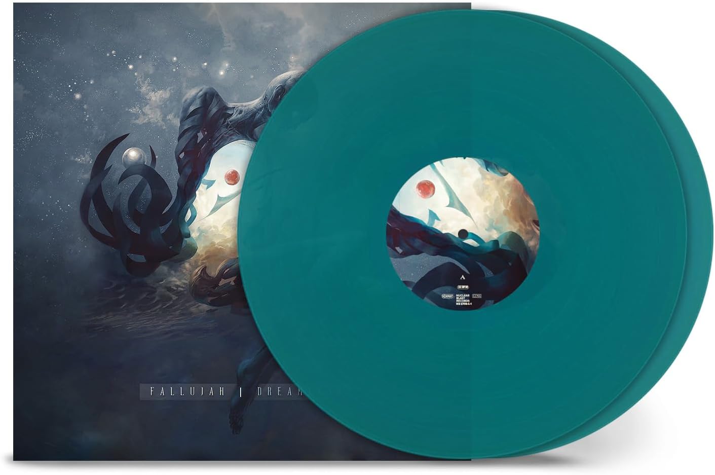 Teal vinyl record with cover art depicting a figure in dark water.